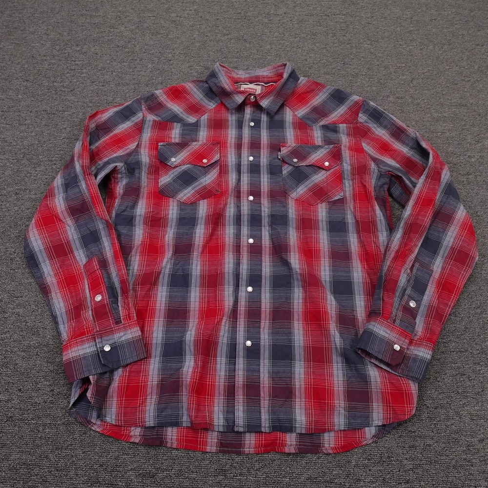 Levis Shirt‎ Mens Large Red Plaid Long Sleeve Western Snap Cowboy Casual
